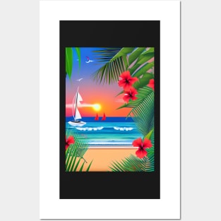 Tropical Sunset Beach Scene Posters and Art